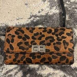 Pony Hair Leopard Print Fold over crossbody, clutch and belt Handbag. Like new